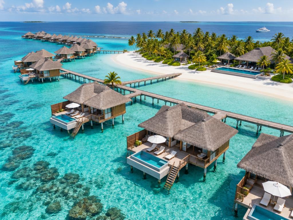 Vídeo aéreo con dron de cabañas sobre el agua en un resort de Maldivas para promoción turística