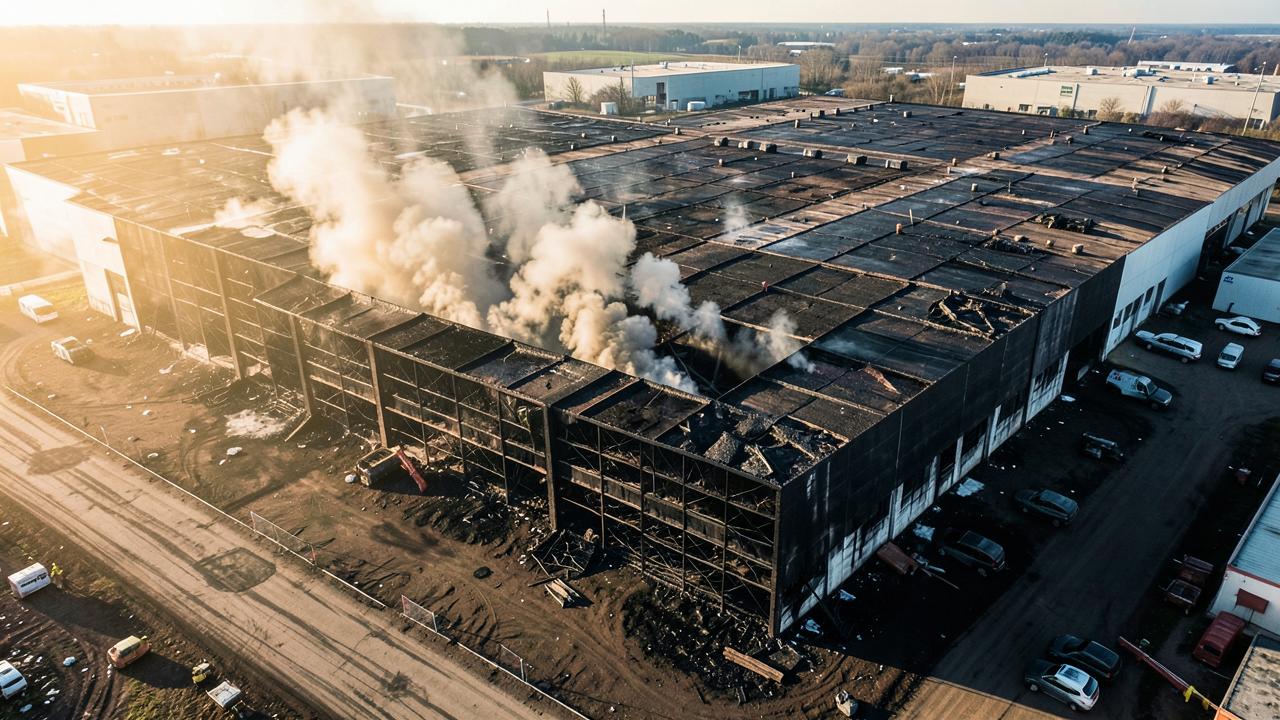 Vista aérea con dron de una nave industrial quemada con humo para documentación de siniestros